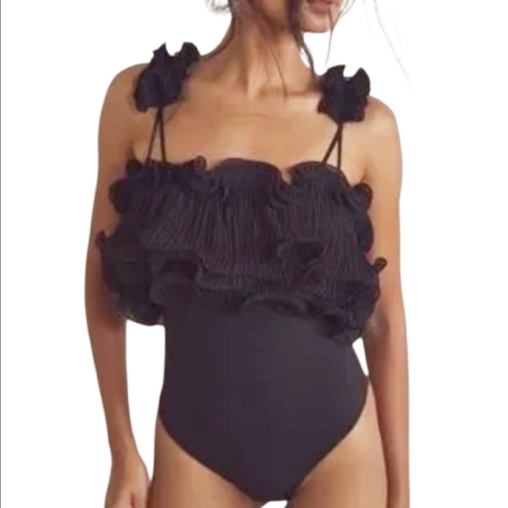 Joie black strappy cut out layered ruffle neckline bodysuit size small